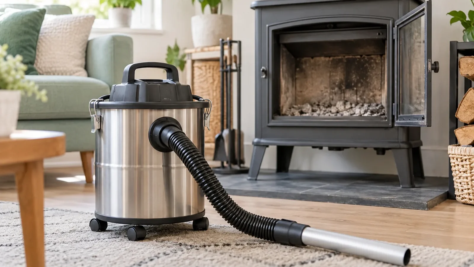 Aspirateur à cendres à cuve métallique devant un poêle à bois éteint