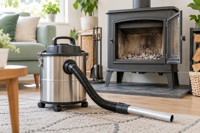 Aspirateur à cendres à cuve métallique devant un poêle à bois éteint