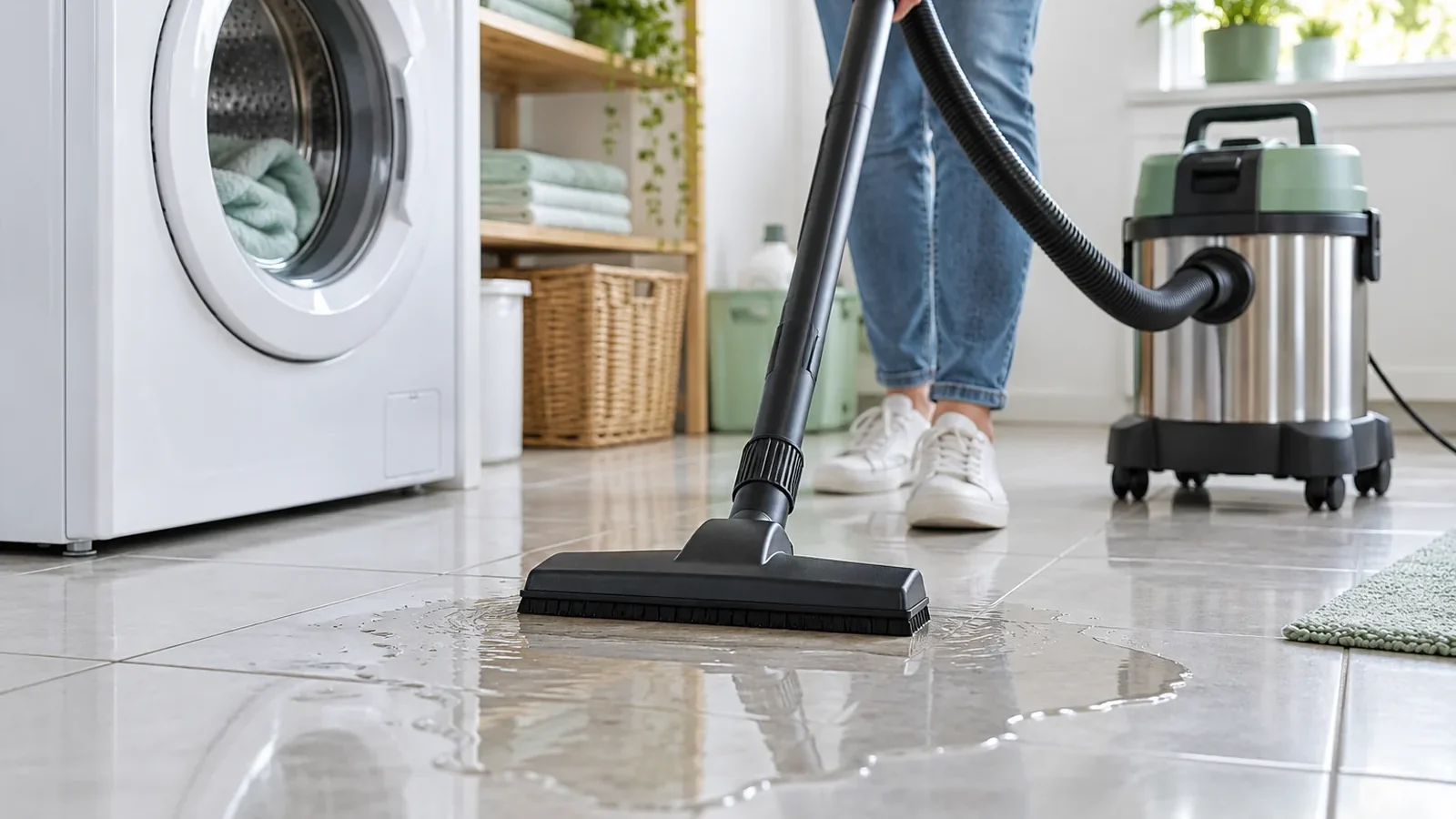 Aspirateur eau et poussière aspirant une flaque d'eau dans une buanderie