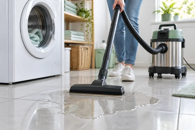 Aspirateur eau et poussière aspirant une flaque d'eau dans une buanderie
