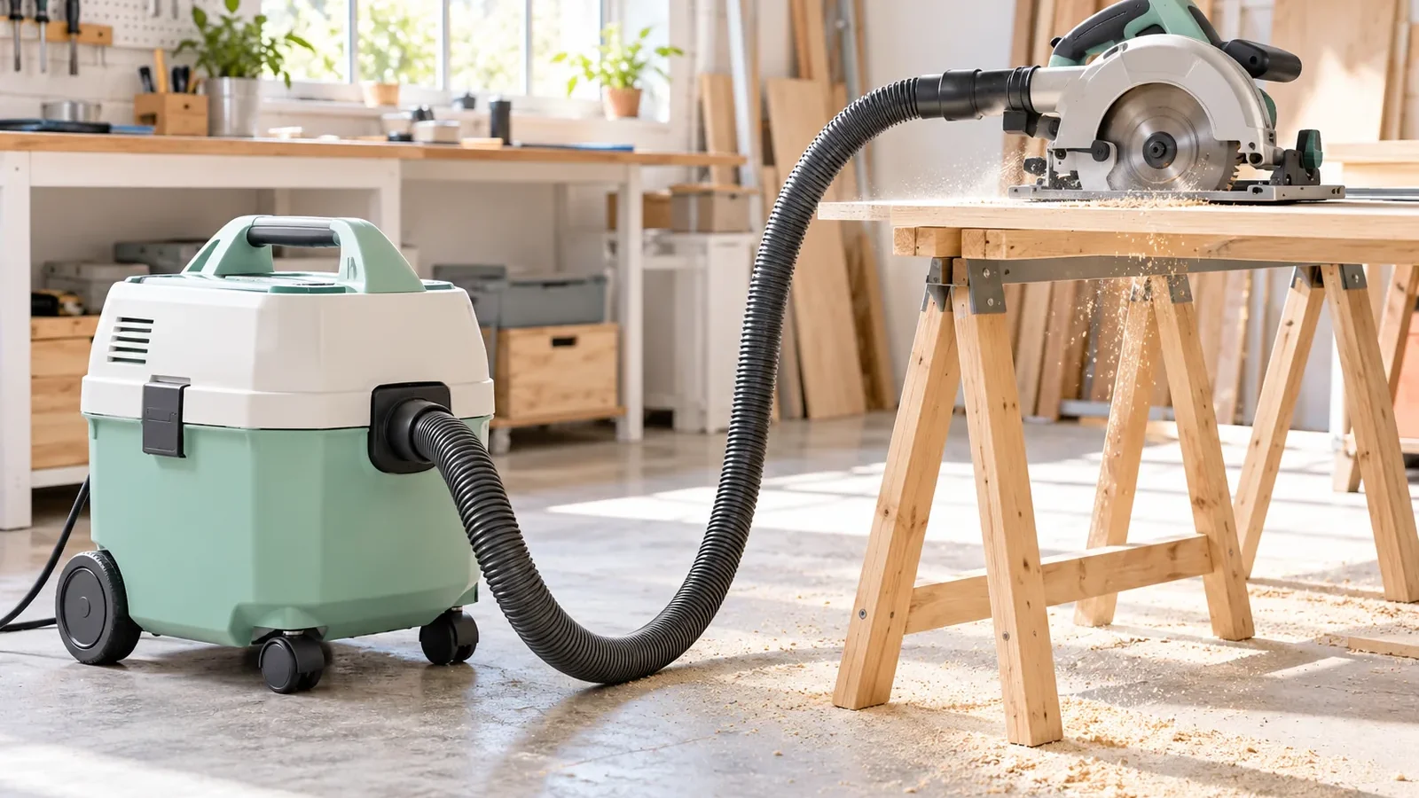Aspirateur d'atelier vert relié à une scie circulaire posée sur des tréteaux