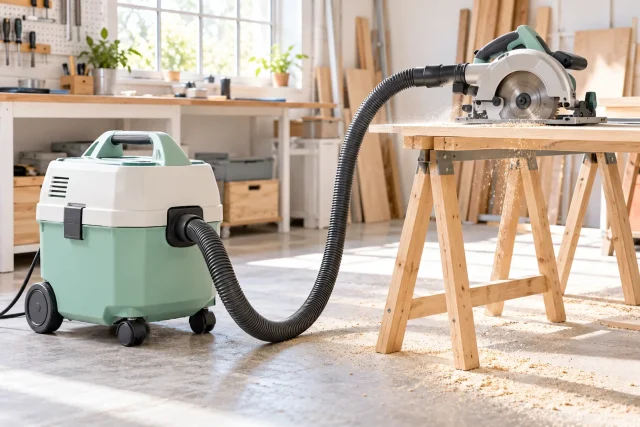 Aspirateur d'atelier vert relié à une scie circulaire posée sur des tréteaux