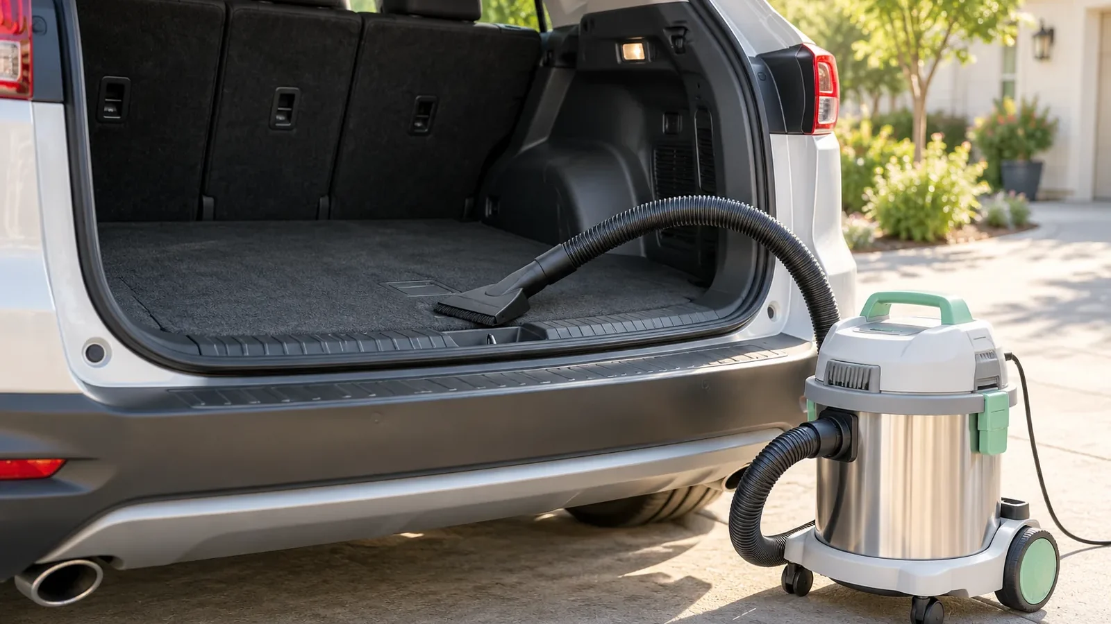 Petit aspirateur à cuve inox près du coffre ouvert d'une voiture