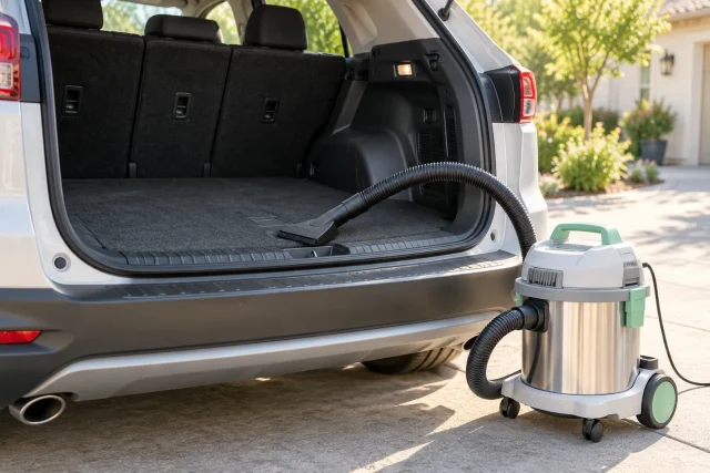 Petit aspirateur à cuve inox près du coffre ouvert d'une voiture