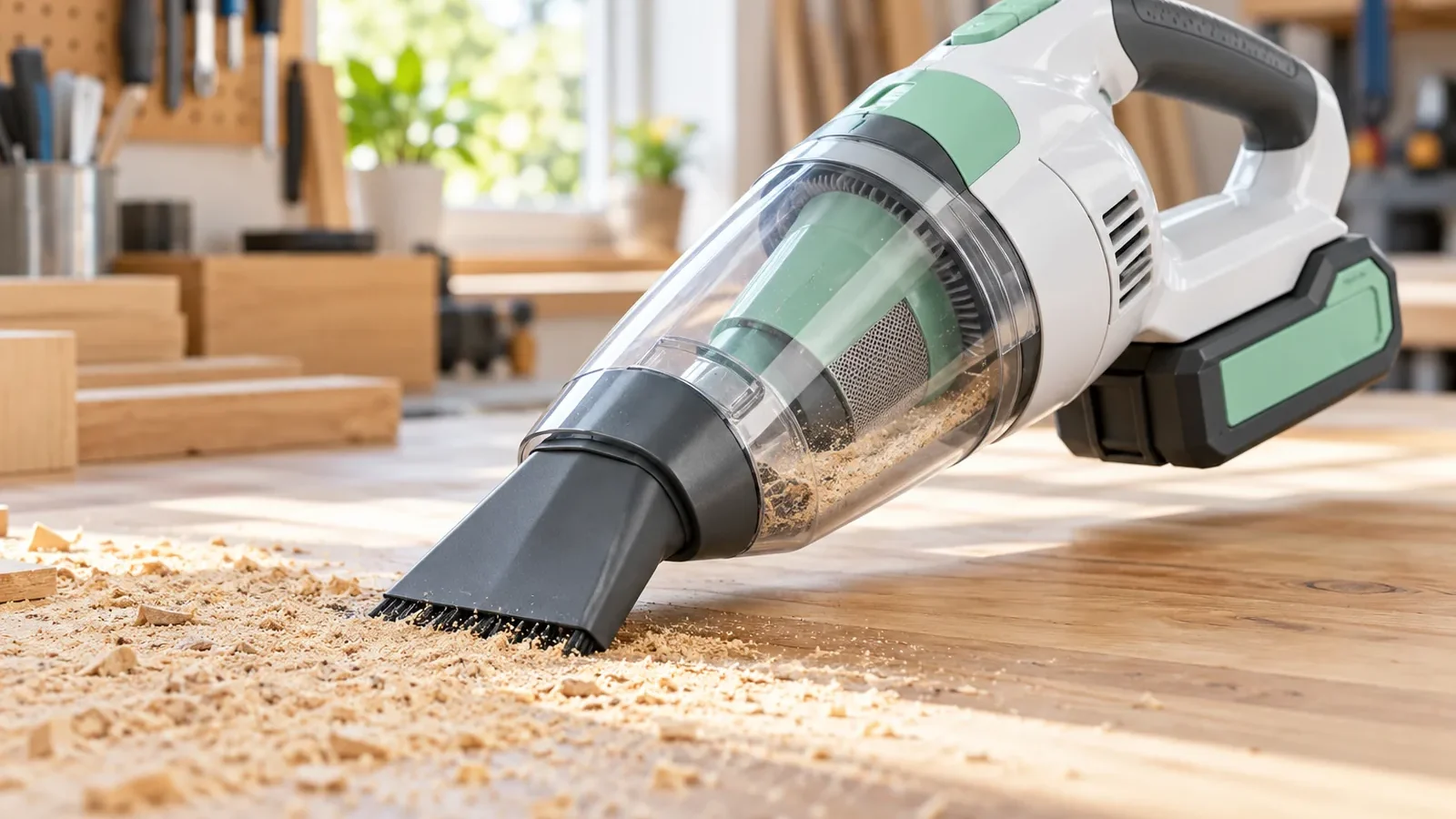 Petit aspirateur sans fil aspirant de la sciure sur un établi