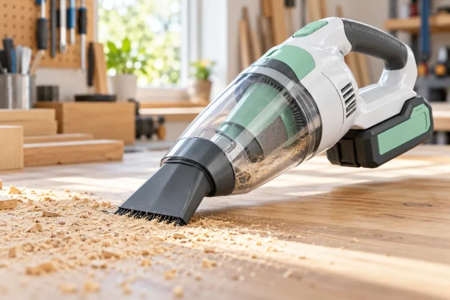 Petit aspirateur sans fil aspirant de la sciure sur un établi