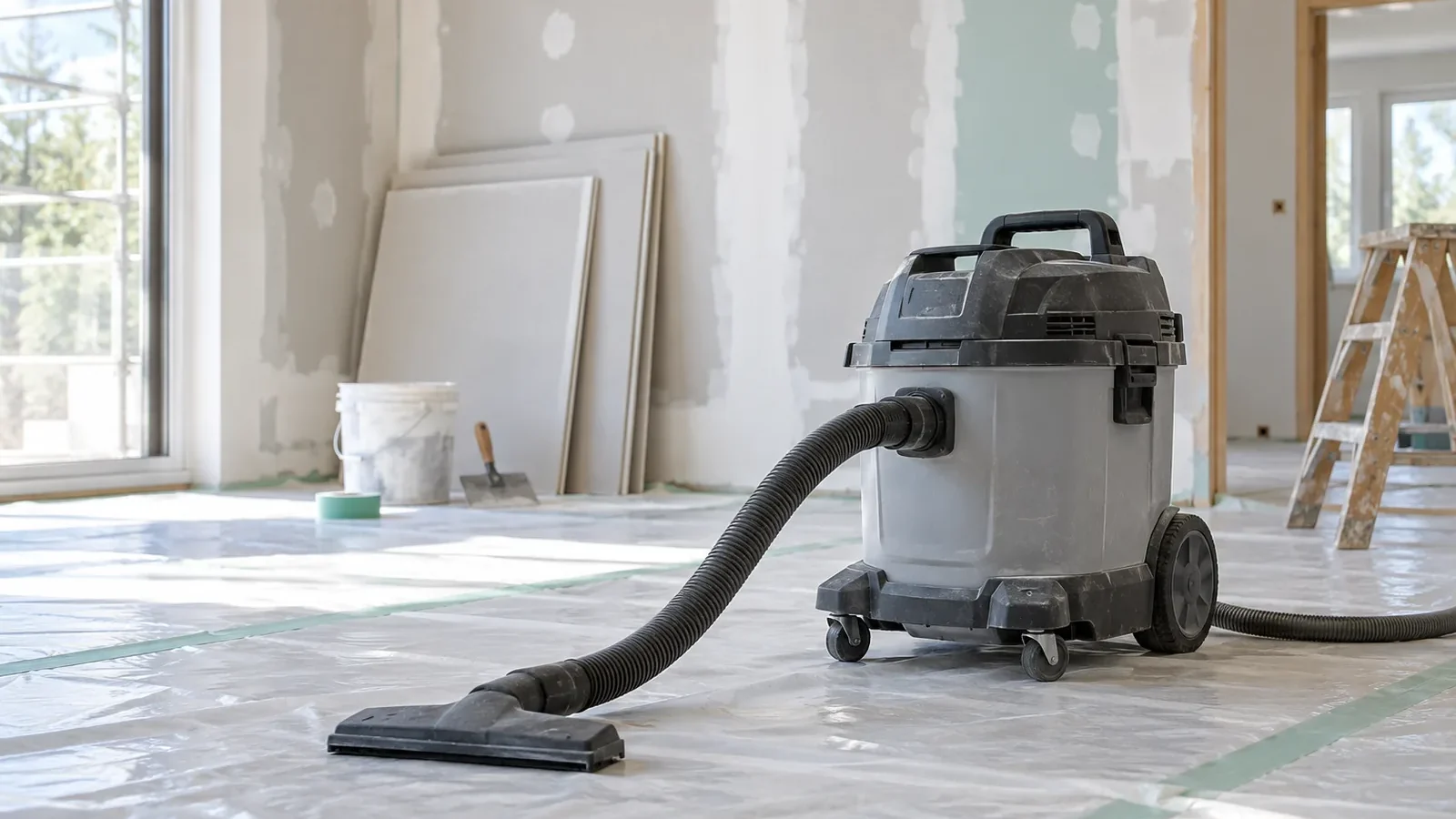 Aspirateur de chantier gris dans une pièce en rénovation avec plaques de plâtre