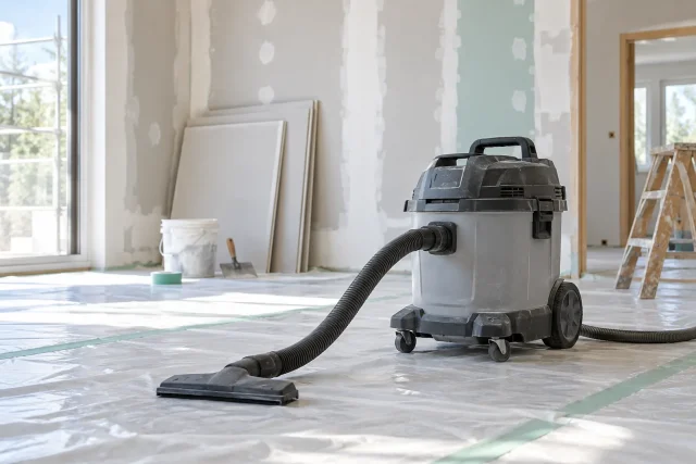 Aspirateur de chantier gris dans une pièce en rénovation avec plaques de plâtre