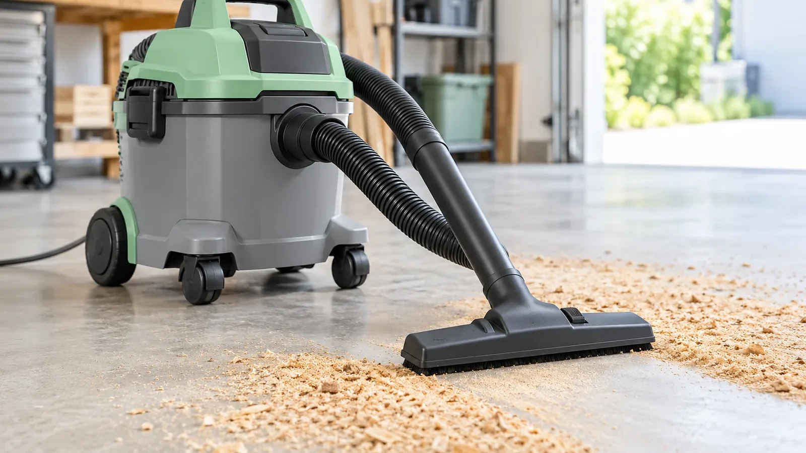 Aspirateur eau et poussière compact aspirant de la sciure sur le sol d'un garage