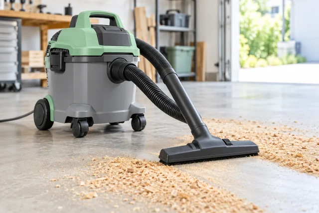 Aspirateur eau et poussière compact aspirant de la sciure sur le sol d'un garage
