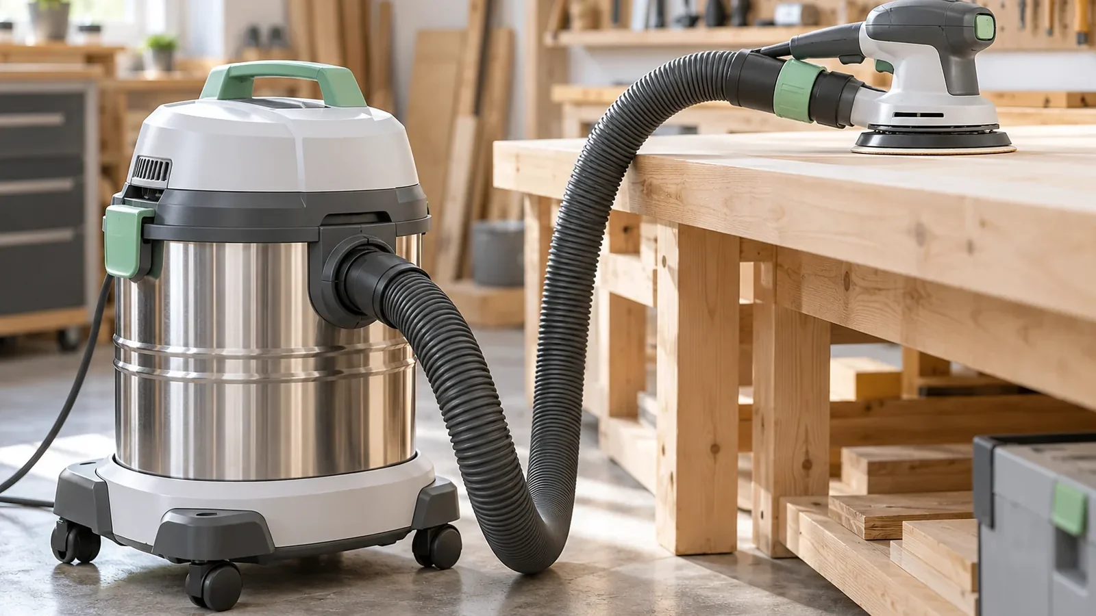 Aspirateur à cuve inox relié par son flexible à une ponceuse posée sur un établi