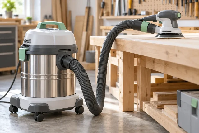 Aspirateur à cuve inox relié par son flexible à une ponceuse posée sur un établi