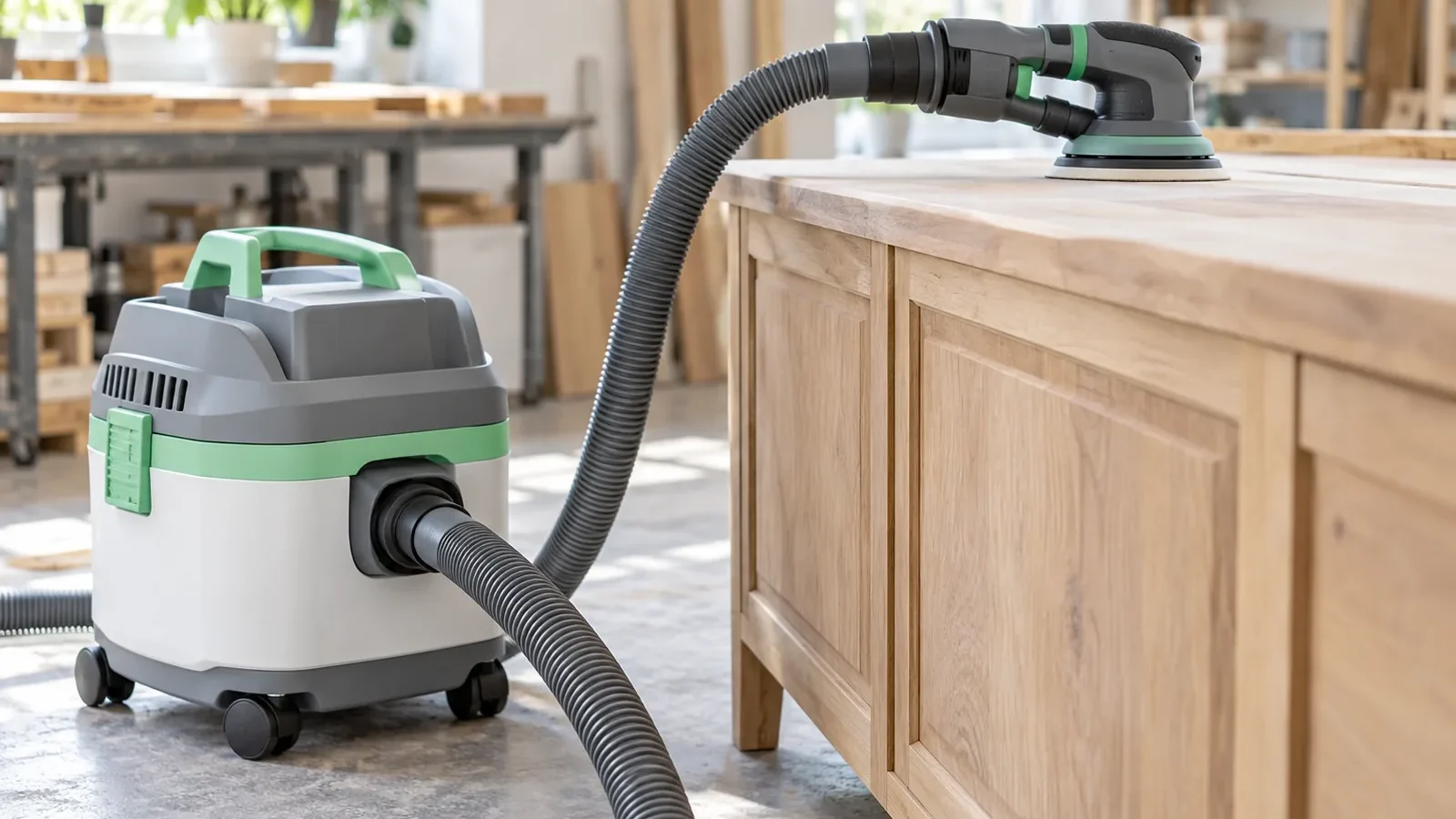 Aspirateur d'atelier compact relié à une ponceuse sur un meuble en bois