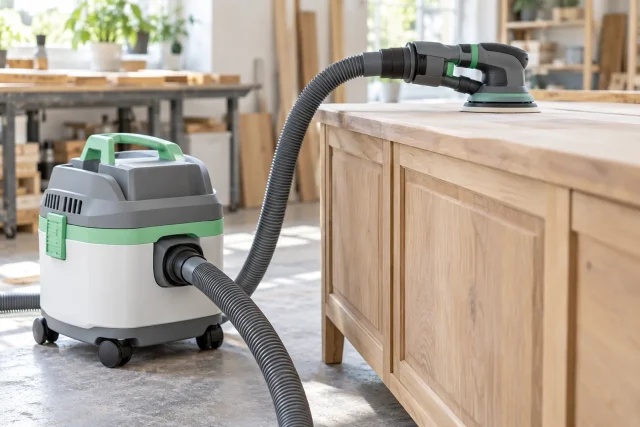 Aspirateur d'atelier compact relié à une ponceuse sur un meuble en bois