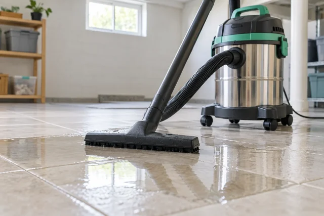 Grand aspirateur à cuve inox aspirant de l'eau sur un sol carrelé
