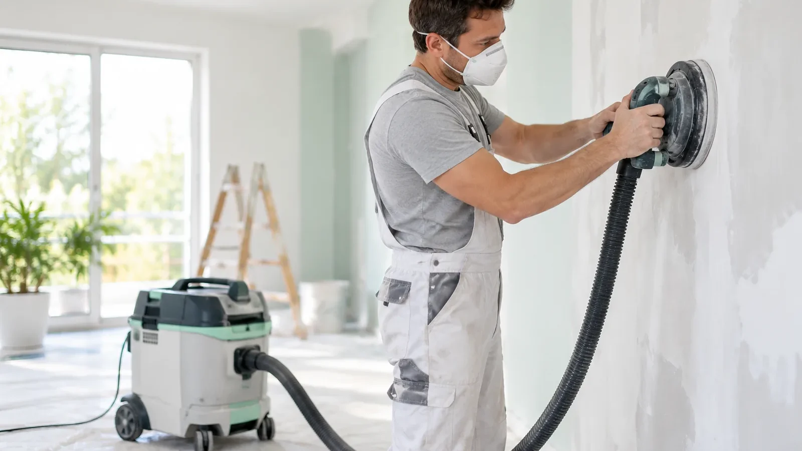 Artisan masqué ponçant un mur en plâtre, ponceuse reliée à un aspirateur de chantier