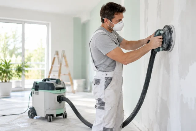 Artisan masqué ponçant un mur en plâtre, ponceuse reliée à un aspirateur de chantier