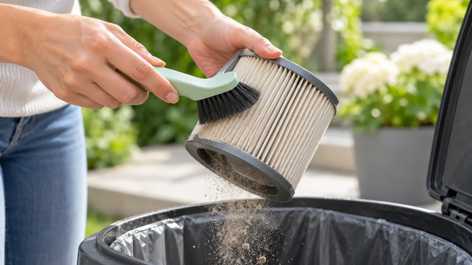 Mains nettoyant un filtre plissé d'aspirateur avec une brosse au-dessus d'une poubelle