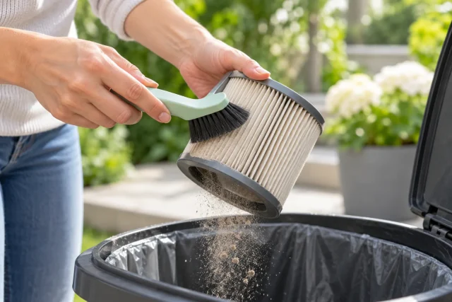 Mains nettoyant un filtre plissé d'aspirateur avec une brosse au-dessus d'une poubelle