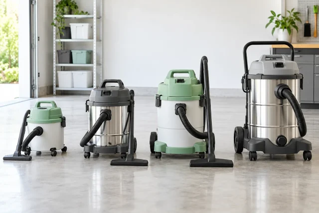 Quatre aspirateurs eau et poussière de tailles différentes alignés dans un garage propre